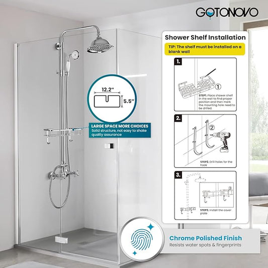 gotonovo Polish Chrome 8 inch Rainfall Shower Head With Adjustable Ceramics Handheld Sprayer Dual Functions Exposed Shower Faucet with Shower Shelf Wall Mounted Double Cross Handles