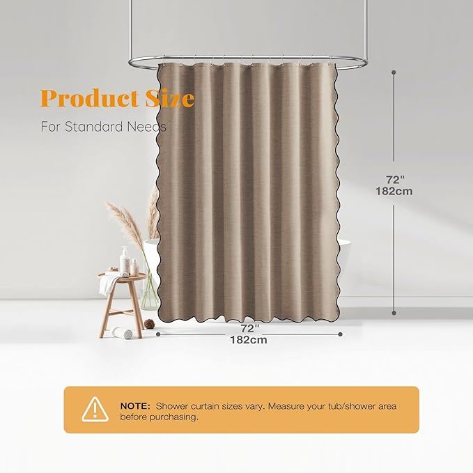 BTTN Tan Scalloped Shower Curtain, Boho Linen Textured Heavy Duty Fabric Shower Curtain Set with 12 Plastic Hooks, Vintage Modern Waterproof Washable Cloth Shower Curtains for Bathroom, 72x72, Taupe