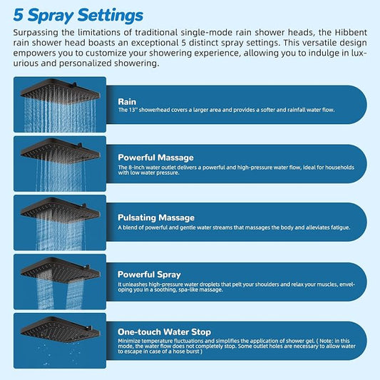 Hibbent 5-spray Dual Filtered Rainfall Shower Head with 10 Spray Handheld | High Pressure 13'' Showerhead Combo, Easy Reach 4-way Diverter Arm with Pause Mode, 71'' Hose & Holder, Oil-Rubbed Bronze