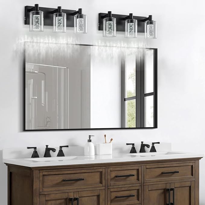SineRise Vanity Light with 3 Color Modes (3000K/4000K/6000K), Eye Protection LED Bathroom Light Fixture, Dimmable Modern Wall Light Over Mirror with Clear Glass Shade (Black, 3-Light)