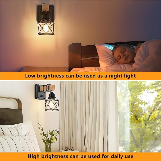FadimiKoo Dimmable Wall Sconces Set of Two, Bedside Wall Mounted Lamp with Rotary Switch, Wooden Black Bathroom Light Fixtures with Metal Cage, Hardwired Farmhouse Wall Lights for Bedroom, Living Room