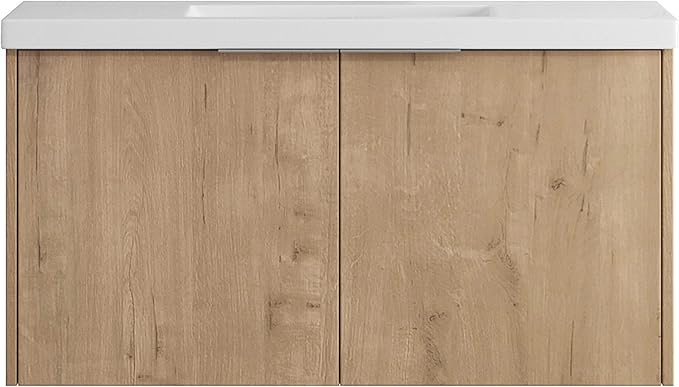 SSLine 84-Inch Double Sink Vanity Modern Wall Mounted Bathroom Vanity with Double Sink 84" Large Floating Bathroom Vanities Set with White Open Storage Shelf & 1 Side Cabinet,Brown White