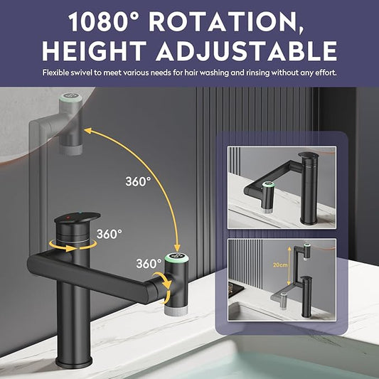HOWUWEY 1080° Rotatable Single Hole Bathroom Vanity Faucet with Temperature Display, Height Adjustable Single Lever Bathroom Sink Faucet 1 Hole, LED Basin Faucet with Color Change (Black)