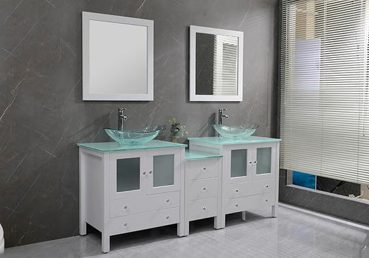 76" Freestanding Wooden Modern Bathroom Vanity with Double Vessel Sink Set Bathroom Mirror Included (Clear Sink White)
