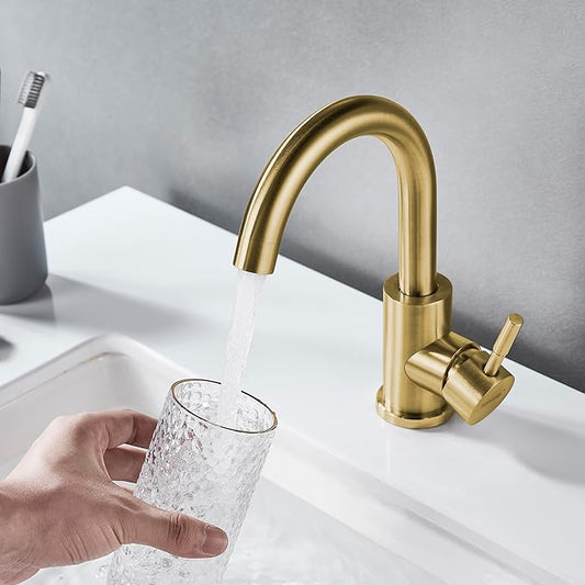 Wet Bar Sink Faucet Single Hole Brushed Gold, Modern Single Handle Bathroom Sink Faucet Commercial Stainless Steel Prep Sink Faucet