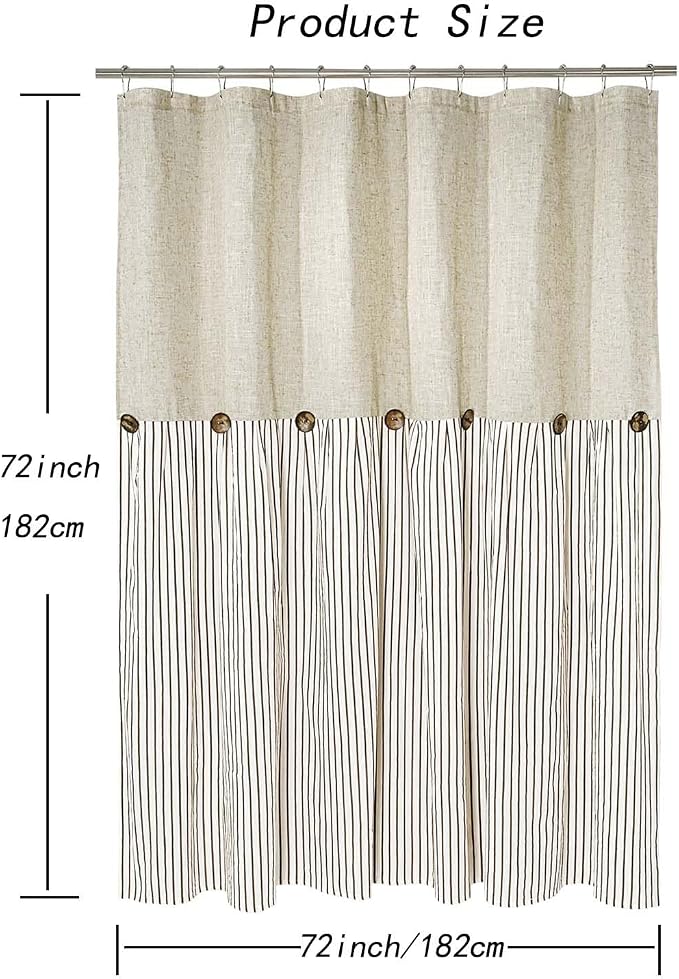 DOSLY IDÉES Farmhouse Shower Curtain,Beige and Brown Stripe,Button Curtain,Linen and Cotton Woven Fabric,Rustic Charm Country Chic Style,72x72 in