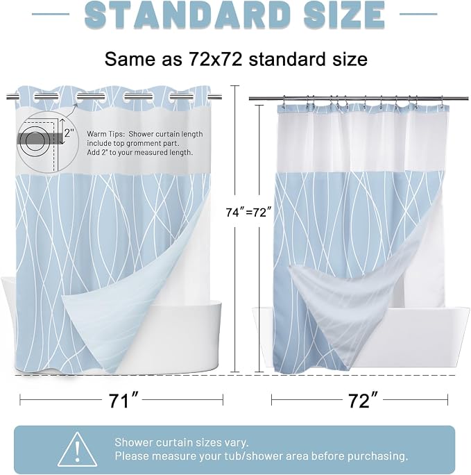 Light Blue No Hook Shower Curtain with Liner, 71 x 74 Inch | Stripe Pattern,Waterproof,Quick Dry,Mesh Top Window,Bottom Magnets,Hotel Style,Machine Washable,Modern,for Bathroom