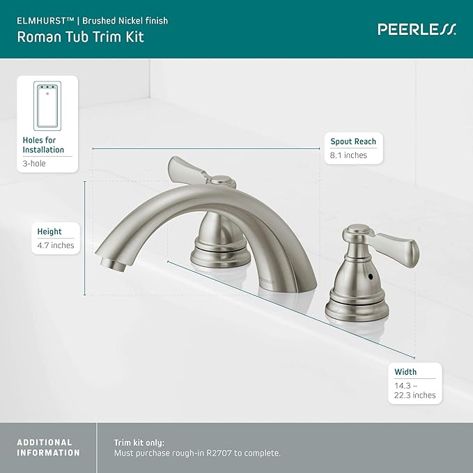 Peerless PTT4365-BN Elmhurst Trim kit Roman Tub, Brushed Nickel