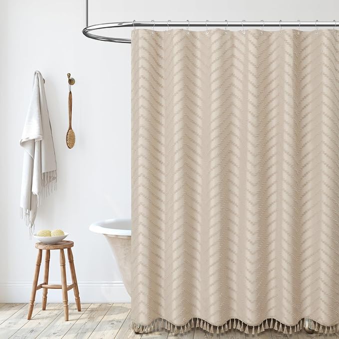 Long Boho Farmhouse Shower Curtain Tufted Chevron 72"x78" Beige | 78 Inch Tall, Elegant Tassel, Lightweight Textured Fabric, Water Repellent, Washable, Hotel Spa, for Bathroom/Dorm 12 Hooks