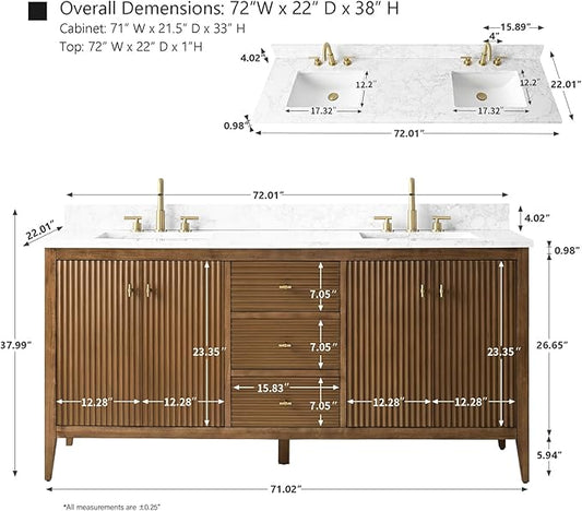 72" Bathroom Vanity with Double Sink, Solid Wood Bathroom Vanity Free-Standing Cabinet, Ceramic Top & Soft Closing Door, Golden Brushed Handware, Walnut
