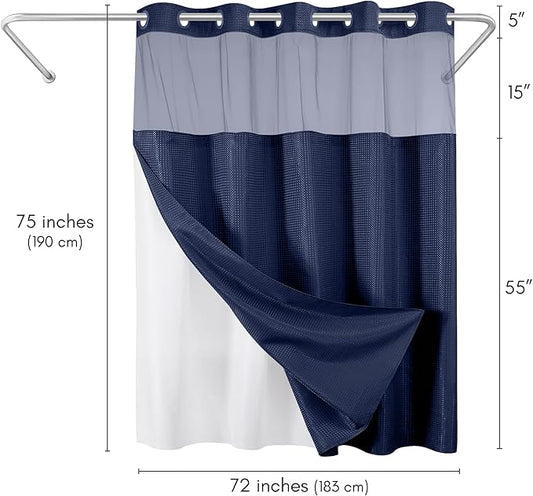 Americanflat 72x75 Hookless Waffle Pattern Shower Curtain - Water-Resistant Long Shower Curtain with Sheer Panel, Snap-in Liner, and Durable Grommets - 100% Polyester - Blue