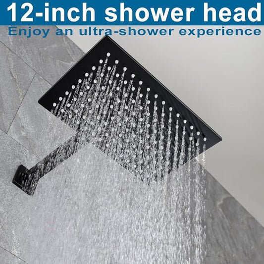 Matte Black Shower Faucet Set, Bathroom Rainfall Shower System with Stainless Steel Metal Showerhead, Single Function Shower Trim Kit with Rough-in Valve