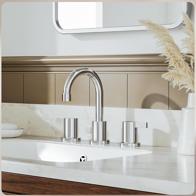 Phiestina 8 Inch 3 Hole Widespread Chrome Bathroom Faucet 2 Handle Bathroom Vanity Faucet with Metal Pop Up Drain & Water Supply line,BF03042-K01-C