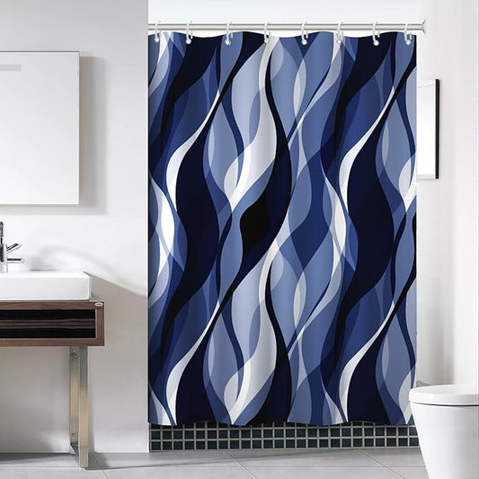 Navy Blue Shower Curtain, Modern Abstract Black and Blue Striped Shower Curtain Set for Bathroom Waterproof Shower Curtain with Hooks, 60x72 Inch