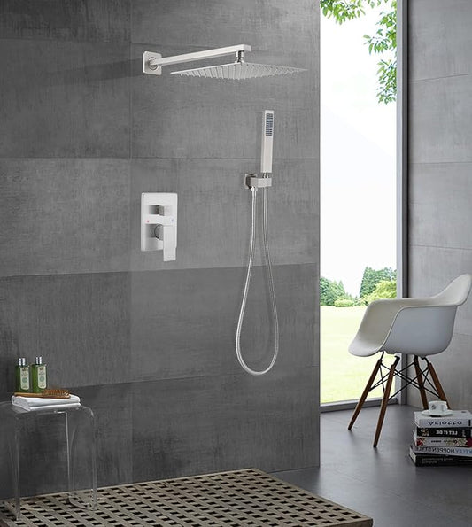 Brushed Nickel Shower System 10 Inch Bathroom Luxury Rain Mixer Shower Combo Set Wall Mounted Rainfall Shower Head and Handheld System Shower Faucet Rough-in Valve Body and Trim Kit