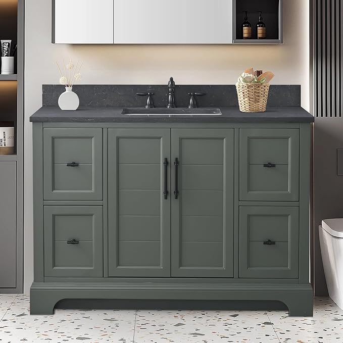 HOMEBEYOND 48 Inch Bathroom Vanity with Single Sink & Ceramic Top, Vanity Cabinet with Center Countertop Basin, Soft-Closing Doors, Backsplash, Vintage Green