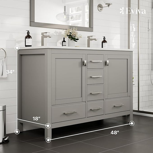 Eviva London 48 Inch Double Vanity - Grey Bathroom Vanity with Top and Sink - Undermount Porcelain Sink Combo - Quartz Countertop