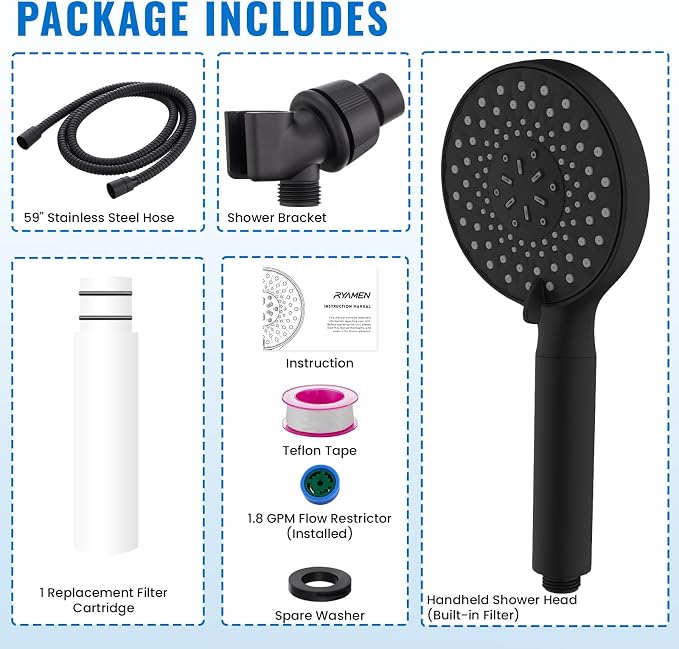 Filtered Shower Head with Handheld, High Pressure 9-Spray Modes Detachable Shower Head with Filter for Hard Water-Remove Chlorine & Impurities, 2 Filters, Matte Black