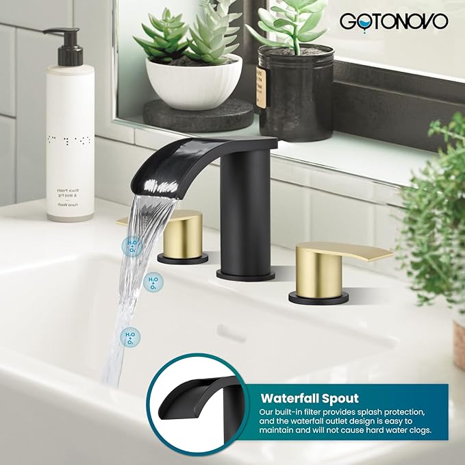 gotonovo Waterfall Bathroom Faucet 3 Hole Round Body,Matte Black&Gold | SUS304 8’’ Widespread Bathroom Sink Faucet,2.17’’ Wide Spout,24’’ cUPC Hose,Pop Up Drain,2 Handle,Vanity,Lavatory,Basin,RV