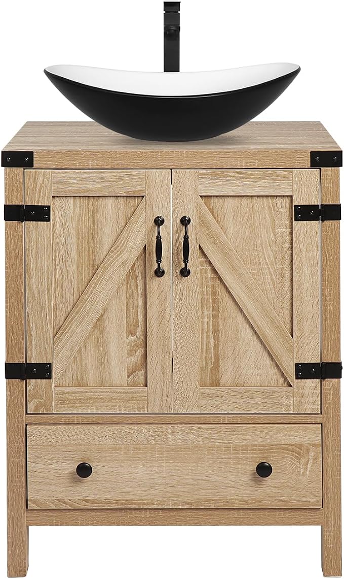 24 inch Natural Color Bathroom Vanity, Rustic Fixture Standing Pedestal Cabinet with Black and White Ceramic Boat Sink