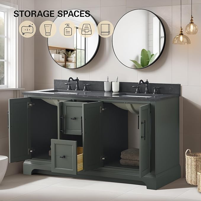 HOMEBEYOND 60 Inch Bathroom Vanity with Double Sink & Ceramic Top, Vanity Cabinet with Center Countertop Basin, Soft-Closing Doors, Backsplash,Vintage Green