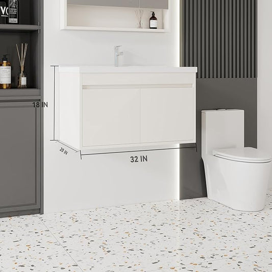 32'' Bathroom Vanity with Ceramic Sink Combo, Wall Mounted Small Bathroom Vanity with Soft-Close Door Modern Floating Cabinet, Pop-up Drain, P-Trap Included, Khaki(No Faucet)