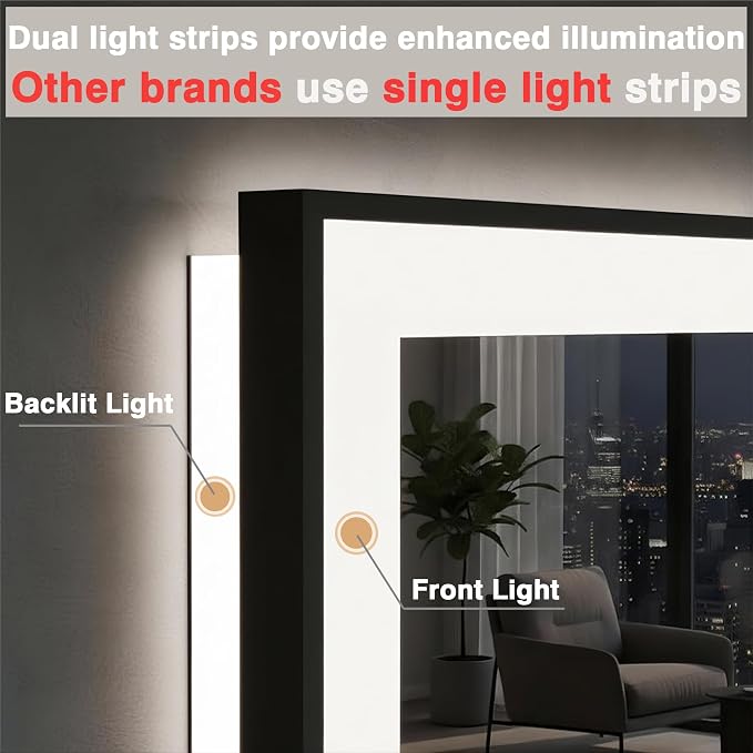EchosLife 51x40 Bathroom Light up Mirror, Black Framed Double Lights Mirror | Black Frame, Front and Backlit, Anti-Fog, Stepless Dimmable, 3 Colors, Memory, Tempered Glass, UL Listed, Horizontal/Vertical