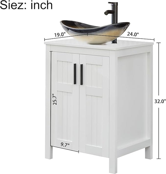 UEV White 24" Bathroom Vanity with Sink,Modern Freestanding Sink Cabinet,Stylish Bathroom Vanity Cabinet,Grooved Double Doors,Metal Handles,Modern Champagne Boat Tempered Glass Vessel Sink(029CH)