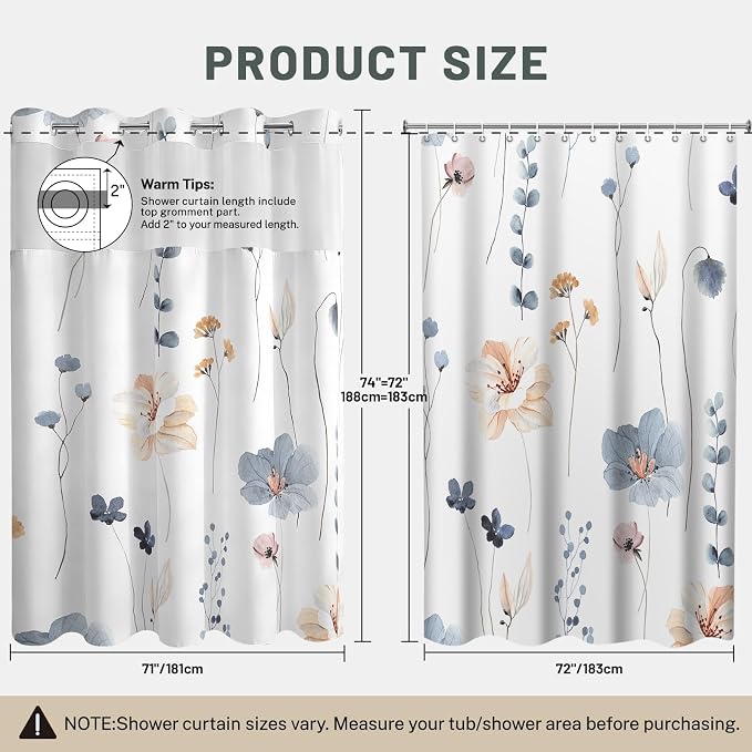 No Hook Floral Shower Curtain with Liner, Blue Beige, 71x74 | Snap in Liner, 3 in 1, Water Repellent, Easy Install, Machine Washable, Hotel Style for Bathroom, Watercolor Pattern