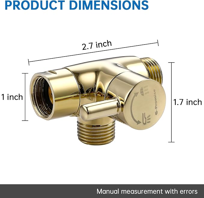G-Promise Solid Metal 3-Way Shower Diverter Valve (Polished Gold) | Smooth Knob Switch, Spray Separately or Both, Anti-Leak, Easy to Install, Standard Connections, Universal Replacement Part