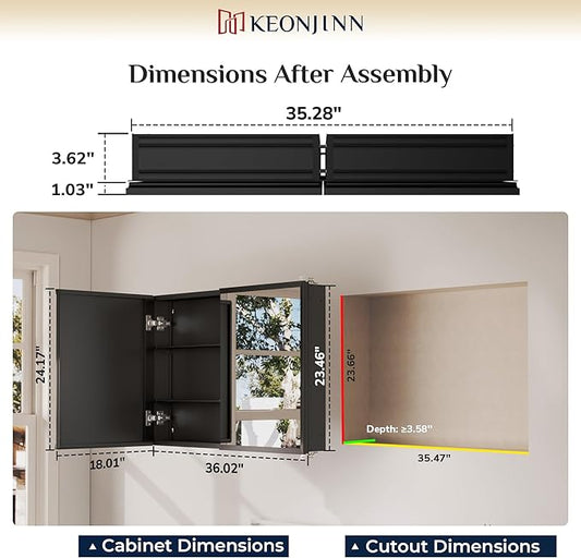 Keonjinn Black Medicine Cabinet Mirror 36 x 24, 2 Door, Assembly Needed | Stepless Adjustable Shelves, Lightweight Aluminum, Rust-Resistant, Surface Mount or Recessed Bathroom Mirror with Storage