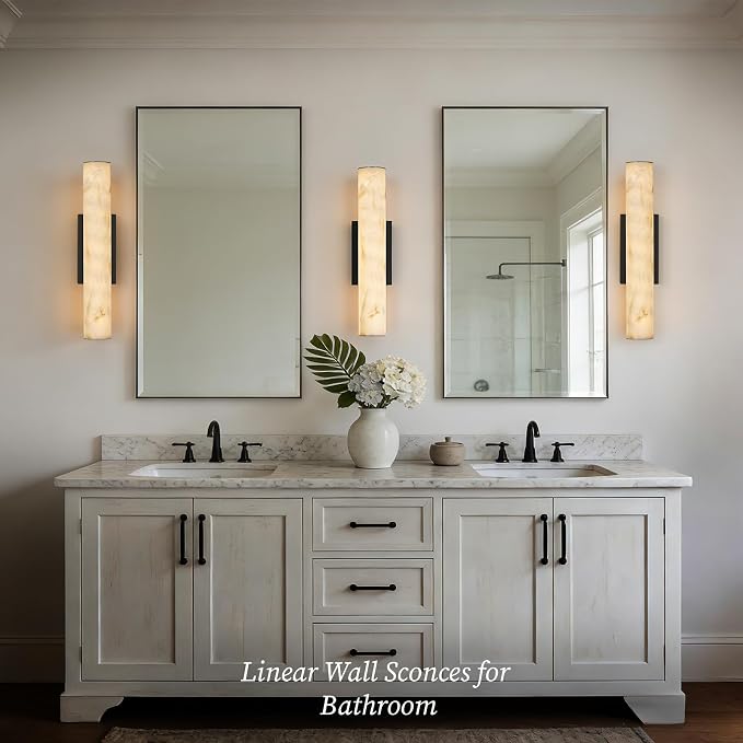 Alabaster Wall Sconce, 20" Matte Black Linear Wall Sconces, 3000K Dimmable Artisan-Cast Alabaster Sconce for Living Room, Modern Wall Lighting for Bathroom, Bedroom, Hallway, 1 Pack, Faux Alabaster