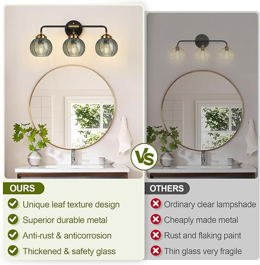 MOKATNG Bathroom Light Fixtures, 3-Light Green Vanity Lights with Unique Leaf Texture Glass Shade, Modern Matte Black and Gold Bathroom Wall Lamp for Mirror Hallway Cabinet Living Room