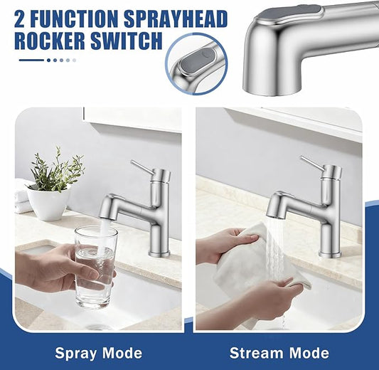 HURRAN Pull Out Bathroom Faucet, Single Handle Basin Mixer Tap with 2 Modes, Utility Sink Faucet with Deck Plate, Stainless Steel, Brushed Nickel