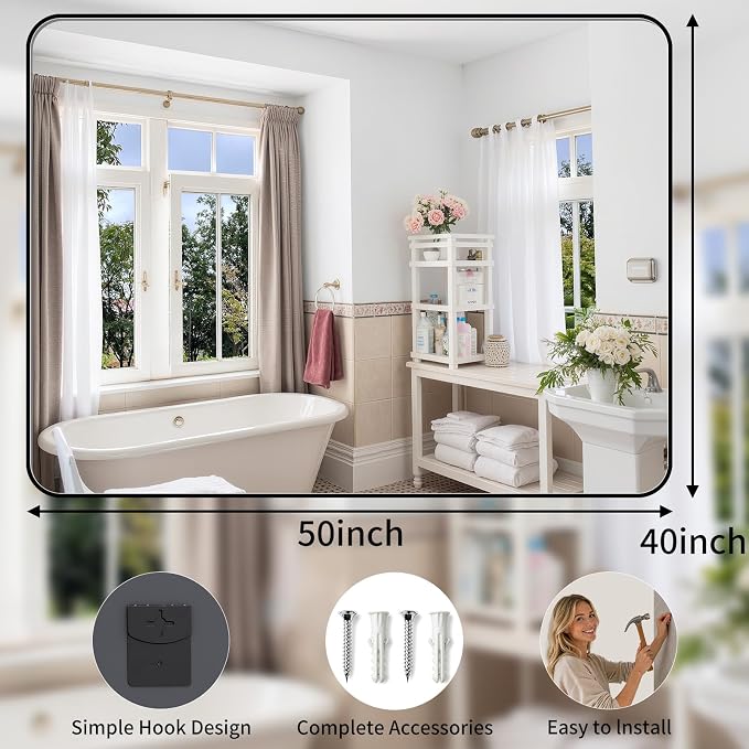 Bathroom Mirror 40"x50" Matte Black Rectangle Bathroom Wall Mirror for Over Sink, Modern Large Vanity Mirror, HD Tempered Glass, Anti-Rust Aluminum Alloy Frame, for Living Room, Bedroom, Entryway