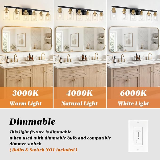 6-Light Vanity Lights Bathroom Light Fixtures,Black and Gold,37" | Modern Bathroom Vanity Light over Mirror with Clear Glass Shade,Farmhous Wall Mounted for Bathroom,E26 Base