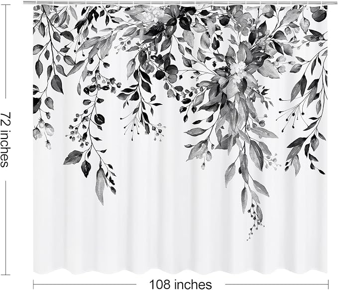 Grey Eucalyptus Shower Curtain, Watercolor Floral Print, 108x72 | Watercolor Plant Leaves Floral Print, Extra Wide Waterproof Fabric Bathroom Decor, Machine Washable, Rustproof Grommets