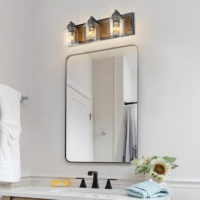 Vanity Lights for Bathroom Large 23", Farmhouse Rustic Vanity Light with Bubble Glass Shades, Brown 3 Light Bathroom Lighting Fixtures Over Mirror, Bath Wall Sconce Home Decor