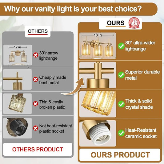 Modern Crystal Bathroom Light Fixtures Over Mirror, 3-Light Brushed Gold Bathroom Vanity Light with Amber Glass Shades, Modern Vanity Lights for Bathroom, E26 Base, Bulbs Not Included