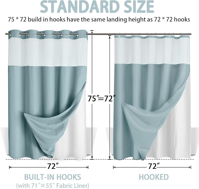 No Hook Shower Curtain with Liner Set Hotel Waffle Curtain Cyan 72W X 75L | Washable Snap in Fabric Liner, Mesh Top Window, Waffle Hotel Style Shower Curtain Set