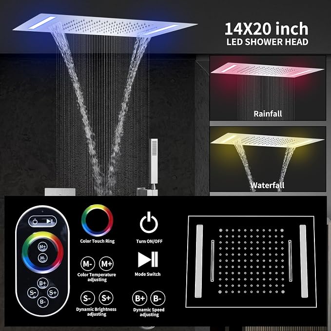 Temperature Display Shower System Brushed Nickel Shower Faucet Set with 14X20 inch Ceiling Shower(Rainfall & Waterfall Modes), with Handheld Spray