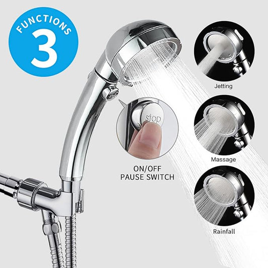 High Pressure Handheld Shower Head with ON/OFF Pause Switch | 3 Spray Modes Shower Wand with Shut Off Button, Camper & RV Showerhead with Hose & Angle Adjustable Bracket, Chrome Finish