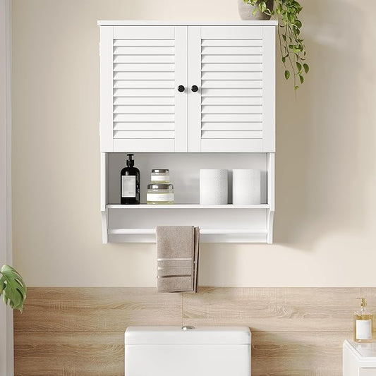 ChooChoo Medicine Cabinet with Towels Bar, 23.6" L x 8.8" W x 29.5" H MDF Material Bathroom Wall Cabinet, 2 Doors Over The Toilet Space Saver Storage Cabinet with Large Space, White