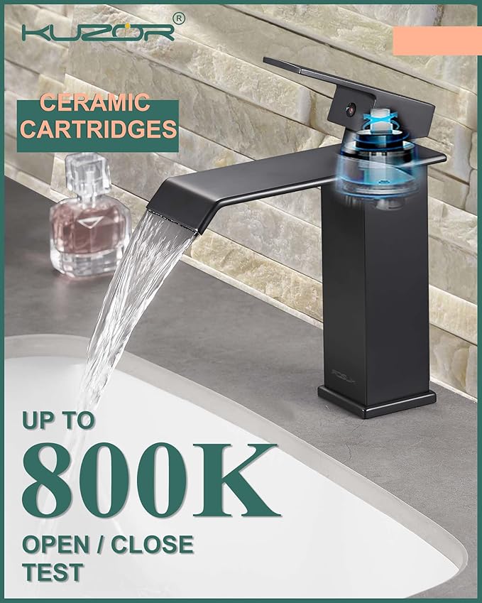 Matte Black Waterfall Bathroom Faucet β Single Hole 304 Stainless Steel Sink Faucet with Metal Pop-Up Drain, Low-Profile Design for Modern Vanities