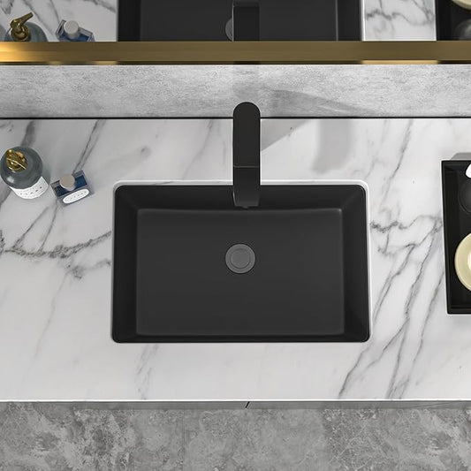 Sarlai Undermount Bathroom Sink - 18 x 12 inch Black Vessel Sink Undermount Sink Rectangular Modern Ceramic Rectangle Vanity Art Basin with Overflow, Interior Dimension 16-1/4 x 10-3/5 Inch