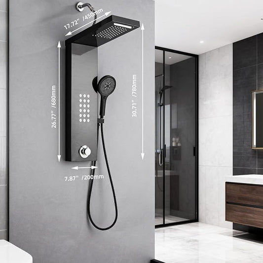 Shower Panel Tower System,Rain Shower Head Rainfall Waterfall Shower,Handheld High Pressure Rain Massage System(Black)