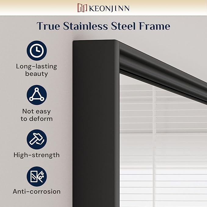 Keonjinn 16 x 20 Inch Small Stainless Steel Framed Mirror, Matte Black Bathroom Mirrors for Over Sink, Anti-Rust, Curved Edge, Shatter-Proof Tempered Glass, Square Rectangle Bathroom Vanity Mirror