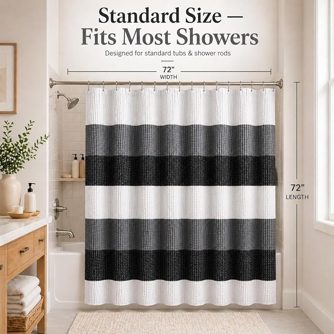 Dainty Home Ombre Waffle Weave Shower Curtain 70 x 72 Black Textured Fabric Shower Curtain, Hotel Style Waffle Weave Bathroom Curtain, Water Resistant Polyester Ombre Shower Curtain