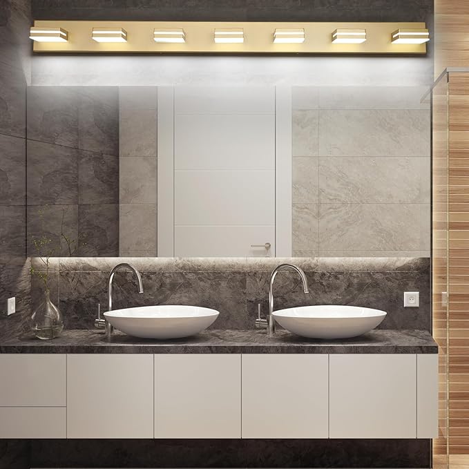 SineRise LED Modern Bathroom Vanity Light Fixtures, Modern Acrylic Bathroom Wall Lighting Fixtures Over Mirror, 7-Light, 55-Inch, Gold, 100%-0% White