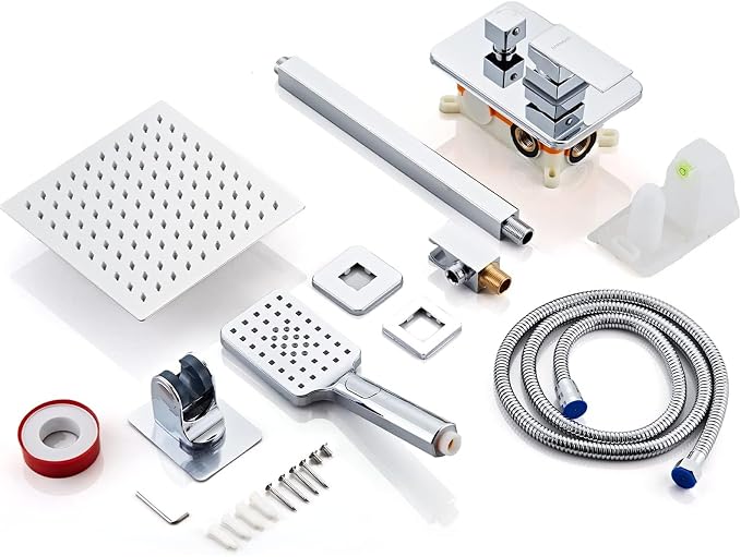 8 Inch Ceiling Mount Shower Faucet Set, Polish Chrome Rainfall Shower System, Square Rain Shower Head with Handheld Spray Combo Ceiling, Silver Rainfall Shower Faucet Fixtures (3-Setting)